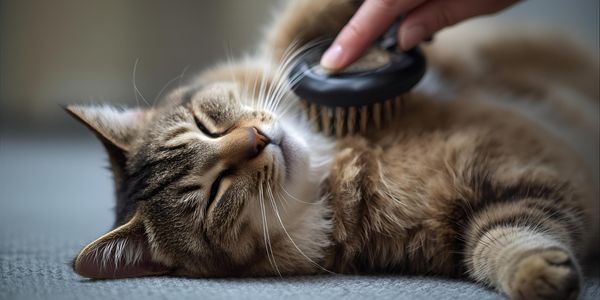 A relaxed cat enjoying being brushed with a slicker brush, eyes closed in content.