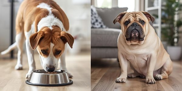 Healthy energetic dog versus overweight lethargic dog, illustrating impact of proper dog nutrition and diet on health outcomes
