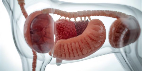 Dog digestive system showing longer small intestines and plant-digestion capacity, illustrating omnivore adaptations