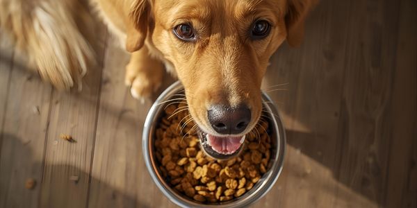 Healthy dog eating plant-based vegan kibble from bowl, demonstrating proper nutrition and appetite for vegan dog diet