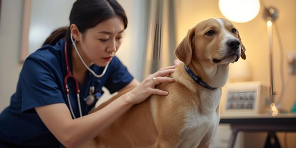 Veterinarian examining dog's body condition and coat quality, assessing health during vegan diet transition monitoring