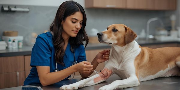 Veterinarian collecting blood sample from dog for nutritional monitoring, highlighting importance of bloodwork when feeding vegan diet