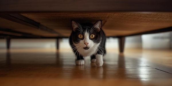 Black and white cat slowly emerging from under bed showing cautious return to normal behavior