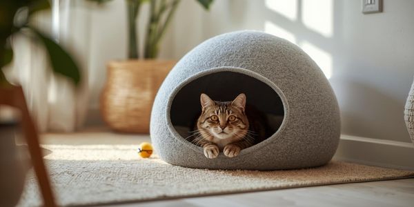 Felt cat cave bed in quiet corner providing safe accessible hiding space for anxious cats