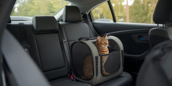 Tabby cat in mesh carrier secured with seatbelt in car backseat during practice drive training