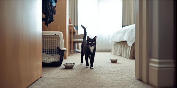 Black cat cautiously exploring quiet hotel room with litter box carrier and bowls showing proper arrival setup