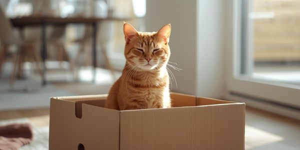 Relaxed orange cat sitting comfortably in cardboard box demonstrating normal feline hiding behavior