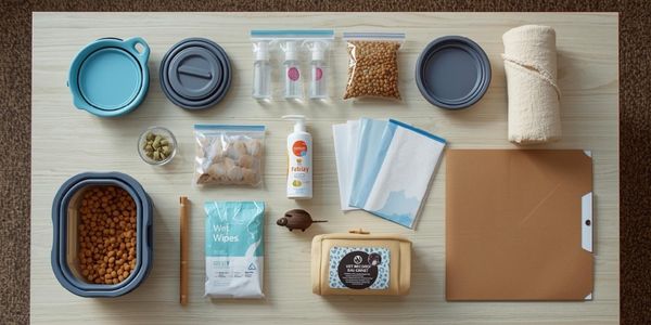 Cat travel essentials kit including collapsible bowls portable litter box calming spray and food organized on table