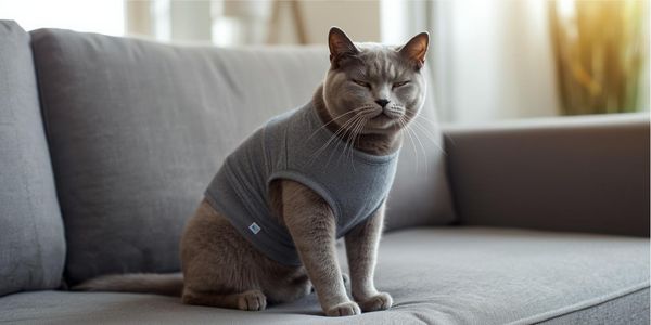 Calm gray cat wearing ThunderShirt compression wrap showing effective travel anxiety calming aid