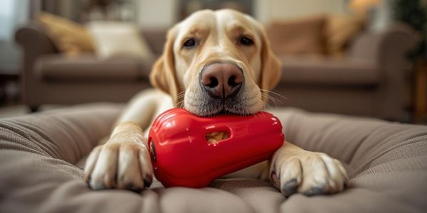Labrador Retriever chewing stuffed KONG toy showing proper chew redirection training success