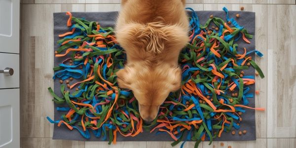 Golden Retriever using snuffle mat to forage for food showing interactive feeding enrichment