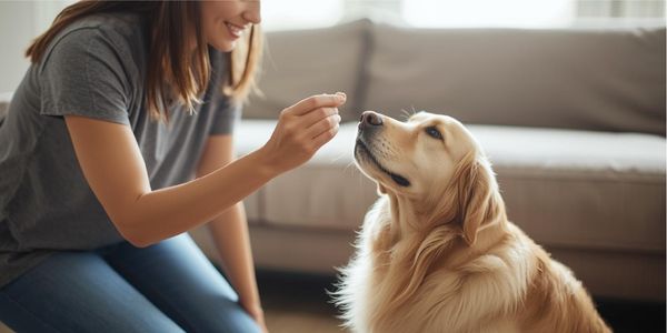 Owner giving treat to dog within 2 seconds of sitting behavior for proper positive reinforcement timing