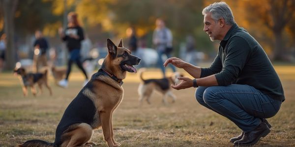 Dog successfully responding to training cues in busy park environment demonstrating generalized behavior