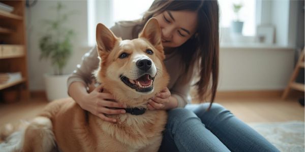 Confident happy dog and owner after successful positive reinforcement training session showing strong bond