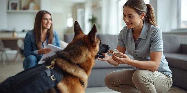 Professional dog trainer teaching positive reinforcement techniques to dog owner during behavior consultation