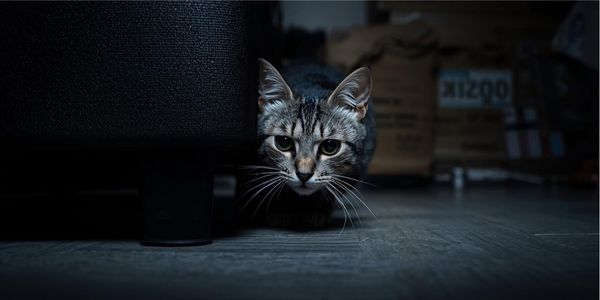 Stressed gray cat hiding in dark corner with dilated pupils and flattened ears showing anxiety