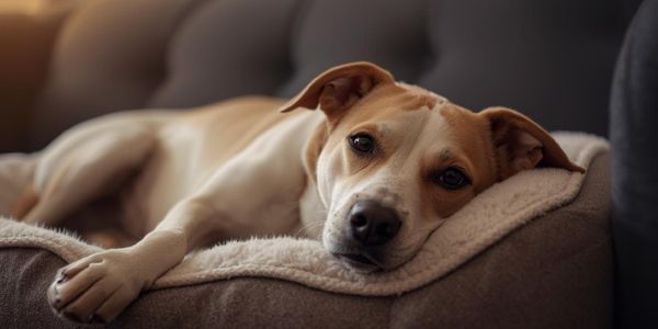 Relaxed dog lying on couch with natural ears in comfortable resting position, no visible tension