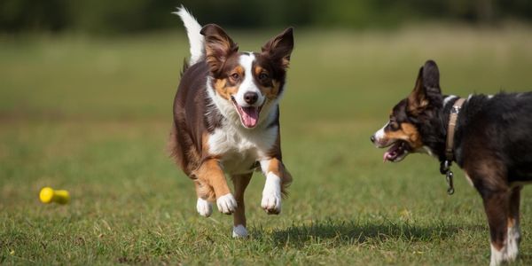 Energetic dog playing fetch or running outdoors with forward ears and focused excited expression