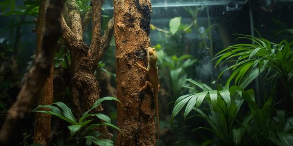 Crested gecko climbing in a tall vertical terrarium with live plants and branches designed for arboreal species