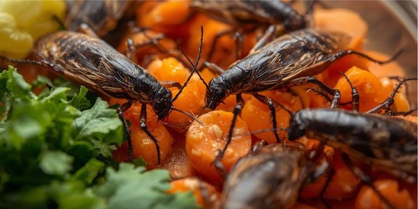 Crickets and dubia roaches feeding on fresh vegetables for gut-loading before being fed to reptiles