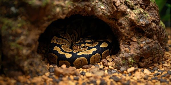 Ball python coiled securely in an appropriately-sized hide box showing proper reptile enrichment and security