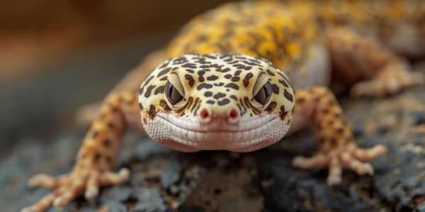 Close-up of healthy leopard gecko showing clear eyes, proper body condition, and alert behavior