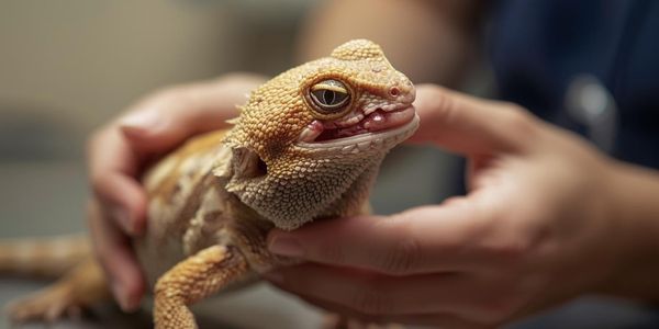 Bearded dragon being examined by veterinarian showing early symptoms of metabolic bone disease from inadequate UVB and calcium