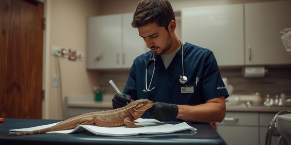 Exotic animal veterinarian performing health examination on reptile in professional veterinary clinic