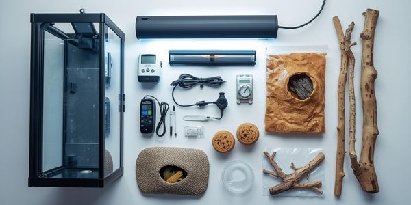 All essential reptile habitat equipment laid out including enclosure, heating, lighting, thermostats, hides, substrate and decorations