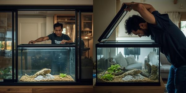 Comparison of easy front-opening terrarium access versus awkward top-opening tank access for reptile maintenance
