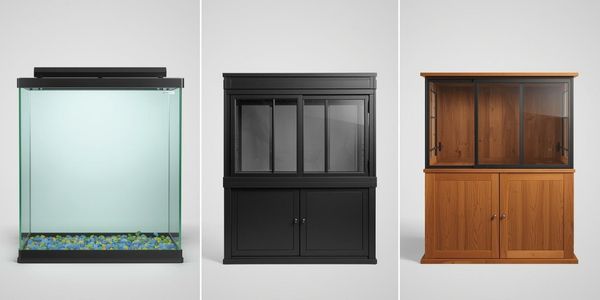 Comparison of glass aquarium, PVC terrarium, and wooden vivarium showing material differences for reptile enclosures