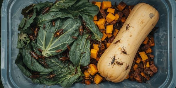 Crickets gut-loading on fresh vegetables in preparation container