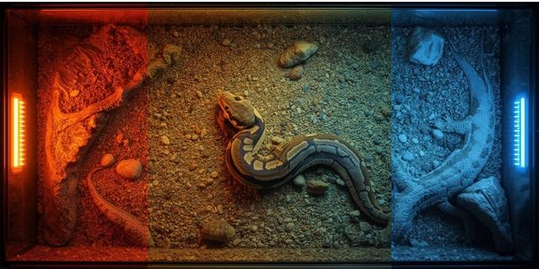Reptile enclosure thermal gradient showing hot basking zone and cool zone
