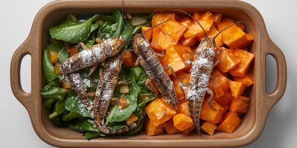 Properly prepared bearded dragon meal with calcium-dusted insects and fresh vegetables