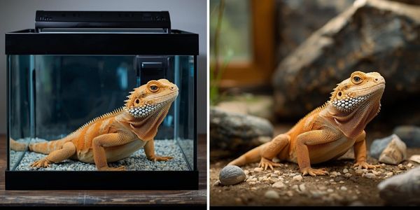 Comparison of inadequate 20-gallon versus proper 120-gallon bearded dragon enclosure