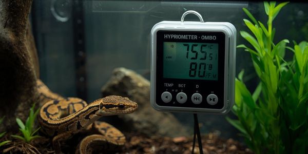 Digital hygrometer monitoring humidity levels in ball python enclosure