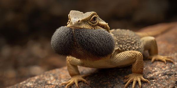 Bearded dragon displaying natural beard puffing defensive behavior