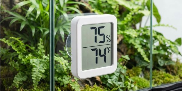 Digital hygrometer displaying 75% humidity mounted inside crested gecko terrarium