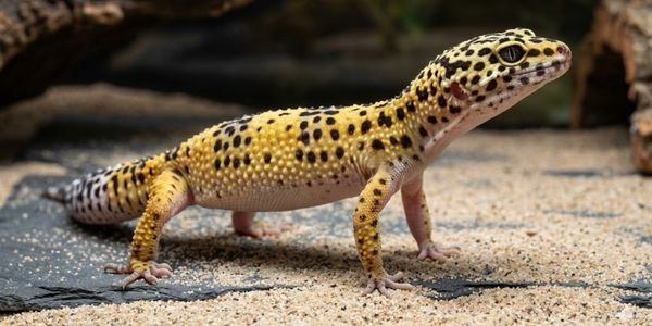 Healthy leopard gecko with proper limb strength and normal body positioning on substrate