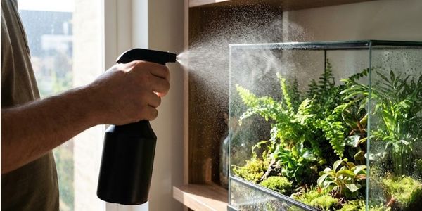 Hand holding spray bottle misting plants inside crested gecko enclosure