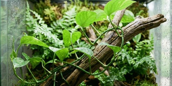 Healthy pothos and ferns growing in established bioactive crested gecko terrarium