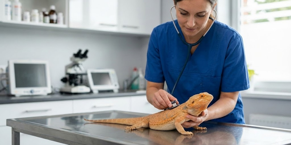 Reptile veterinarian examining bearded dragon with stethoscope in clinical setting