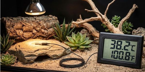 Digital thermometer with probe accurately measuring basking spot temperature in reptile terrarium
