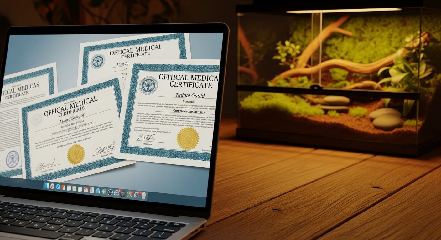 Laptop screen displaying veterinary board certification logos for exotic animals