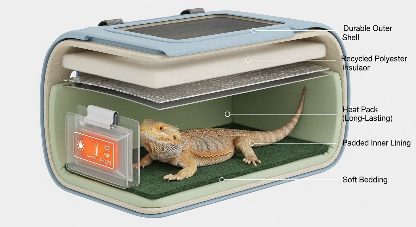 Safe transport carrier setup for a reptile with heat packs