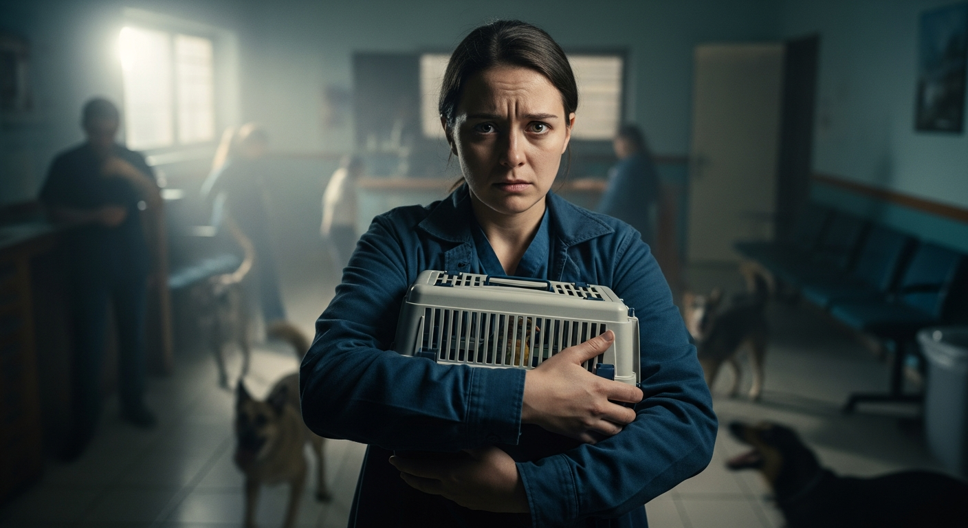 Anxious pet owner in a chaotic veterinary waiting room