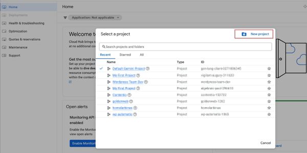 création d'un nouveau project dans google cloud console