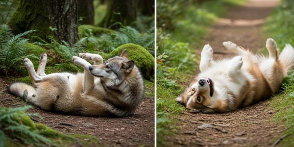 Comparison of a wolf and a domestic dog showing why do dogs roll in the grass is an evolutionary trait