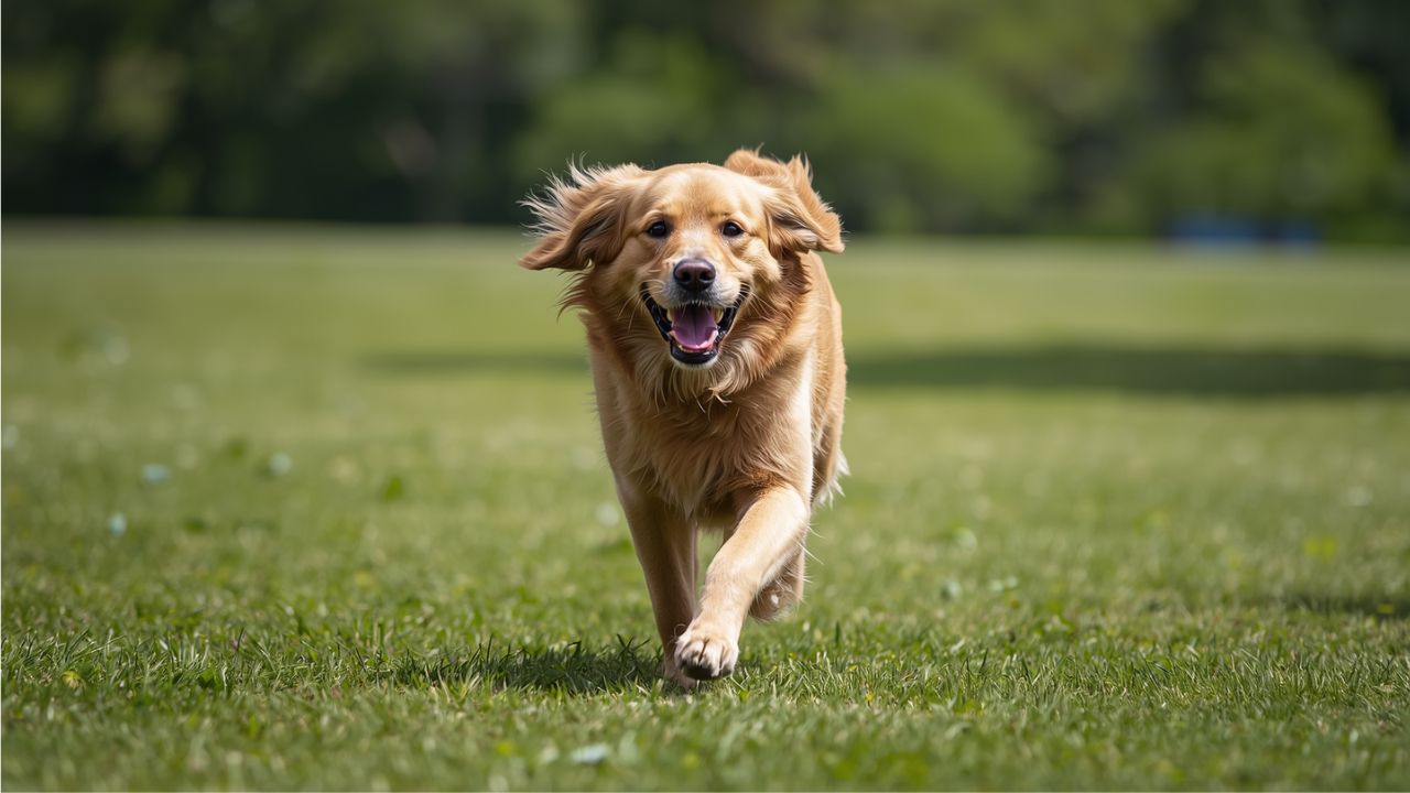   Senior Golden Retriever running energetically through a green park, representing improved joint health and mobility after supplementation