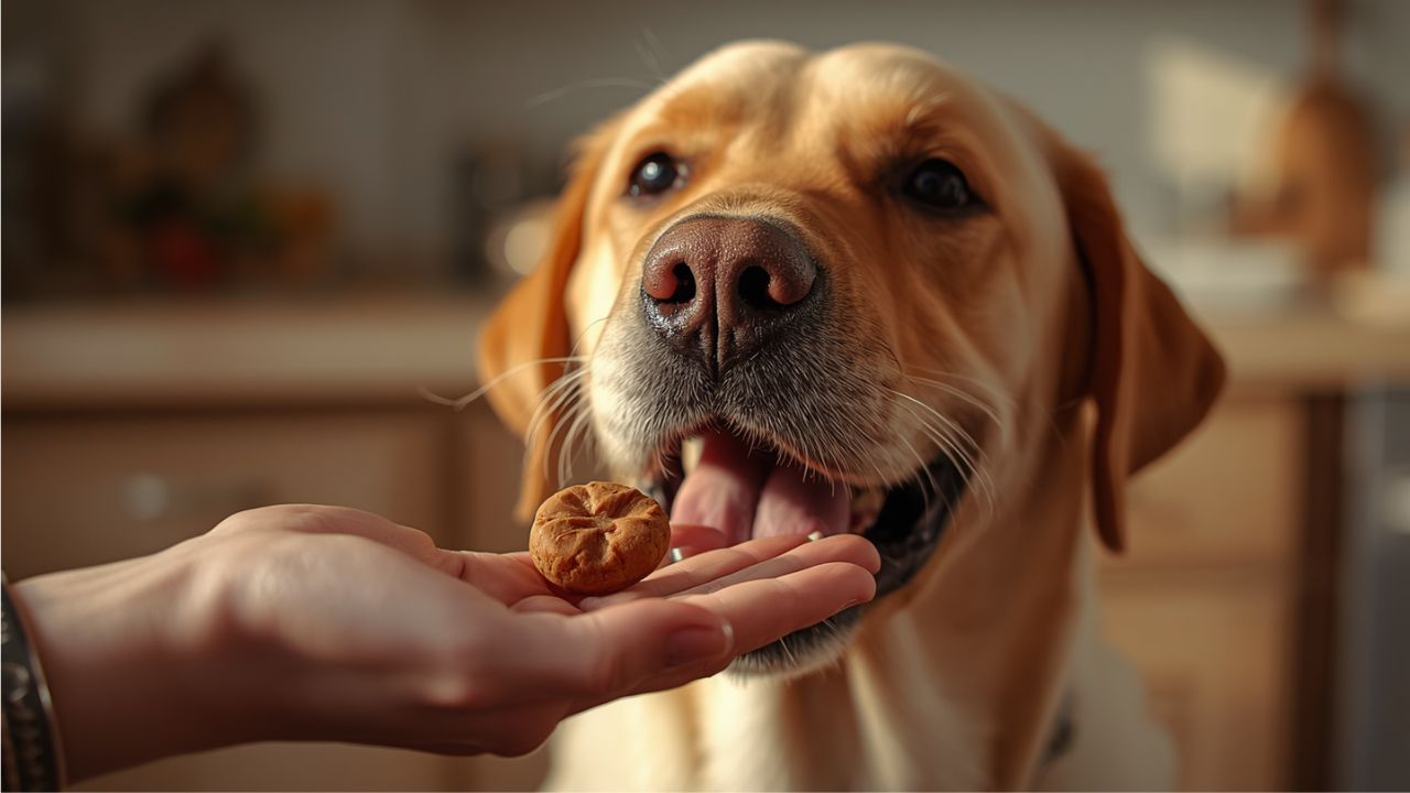  Happy yellow Labrador Retriever eagerly taking a brown soft chew supplement treat from an owner's open palm